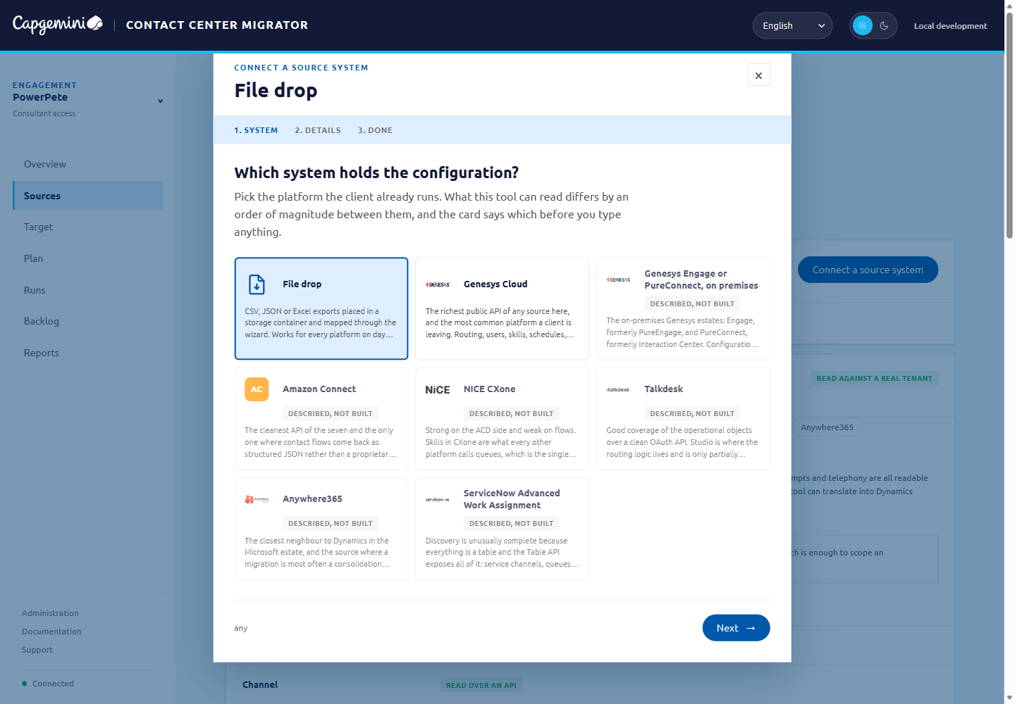 The connection wizard, showing a card for each source platform.