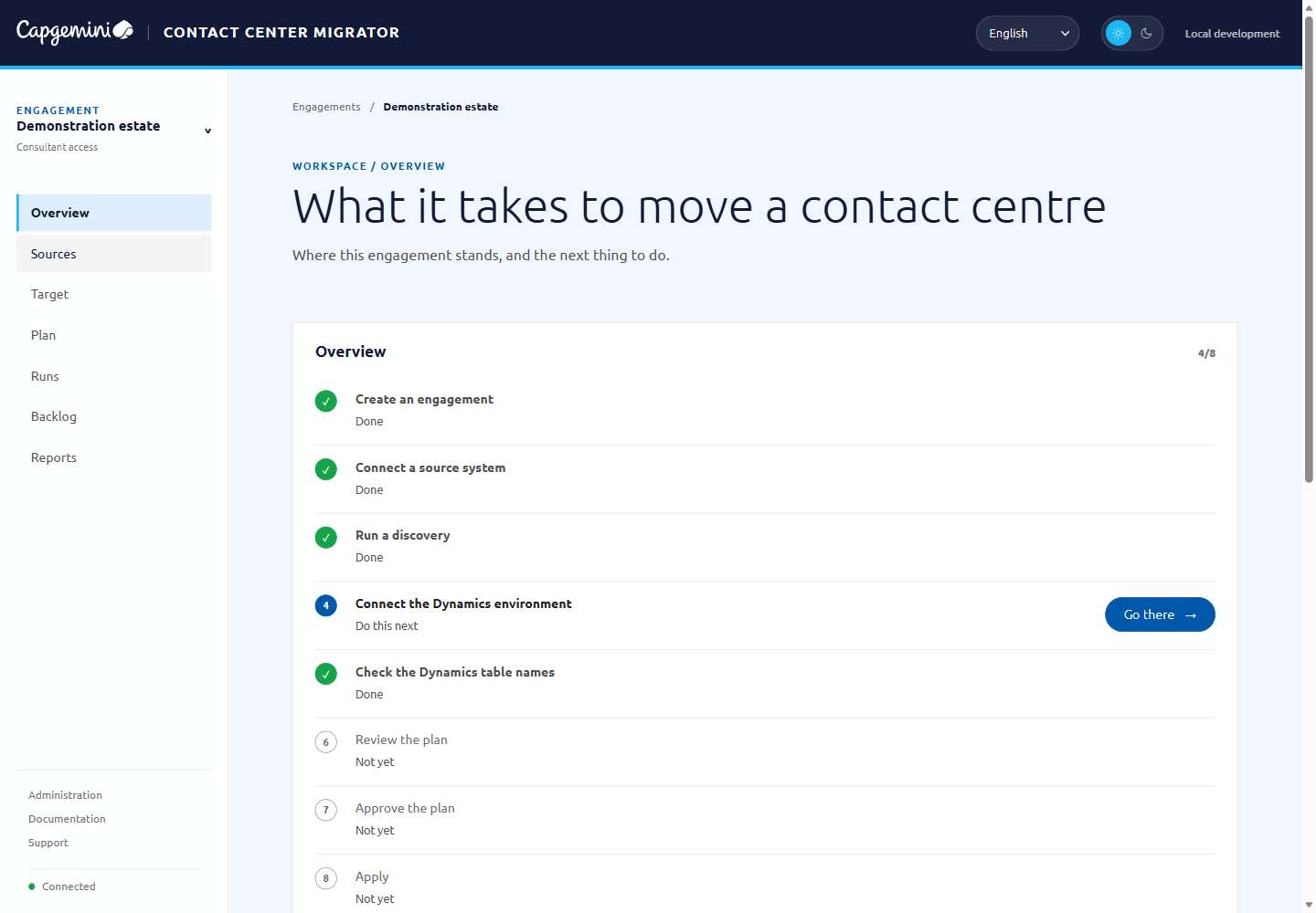 The Contact Center Migrator overview screen, showing a checklist of migration steps.