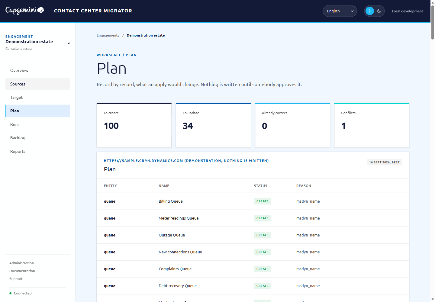 The plan screen, showing records to create and update and one conflict.